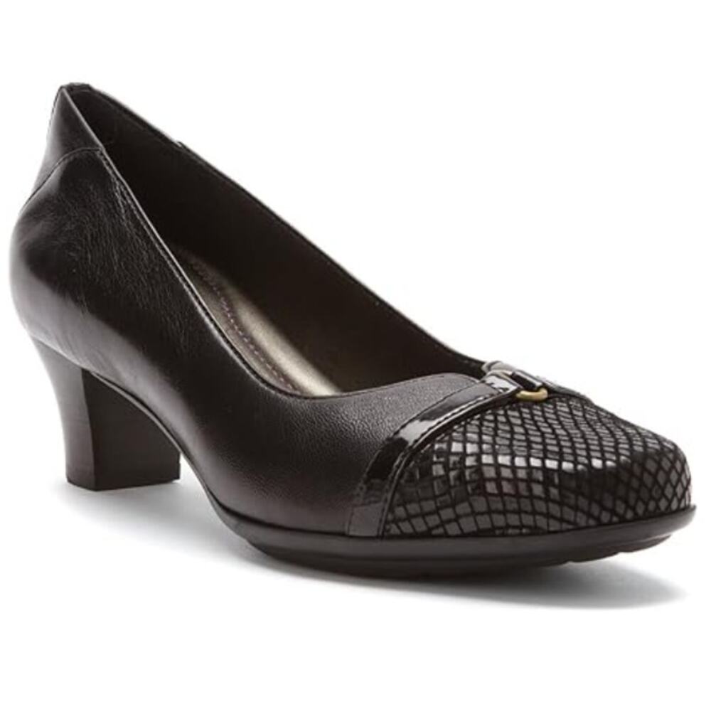 Aravon Eleanor Shoes WMNS 9.5D Black Leather Textured Cap Toe Slip On Block Heel